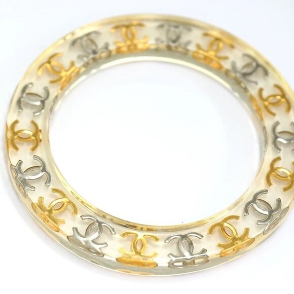 CHANEL CC Logos Clear Lucite Bangle Bracelet 7.8" Gold Tone 97P Auth w/Box #2240 - Picture 2 of 16